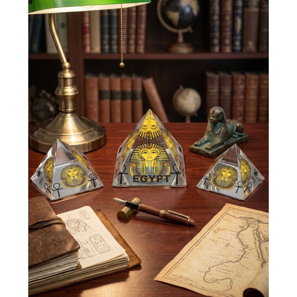 Egyptian King Tut Glass Pyramid Paperweight Set of 3 Clear Gold Desk Decor‎
